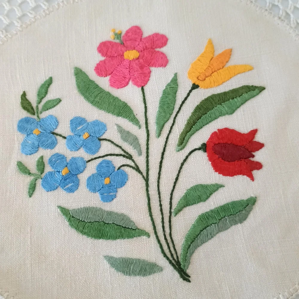 Vintage Hand Embroidered Floral Flower Doily Round Medallion Hungarian? 10